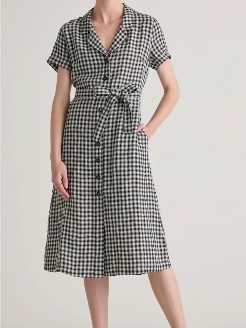 Quince Black and Khaki Gingham Midi Shirt Dress